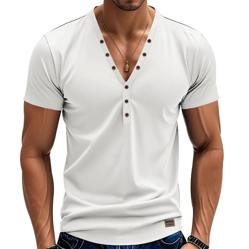 Men's loose solid-colour V-neck top with button detail on a hanger.