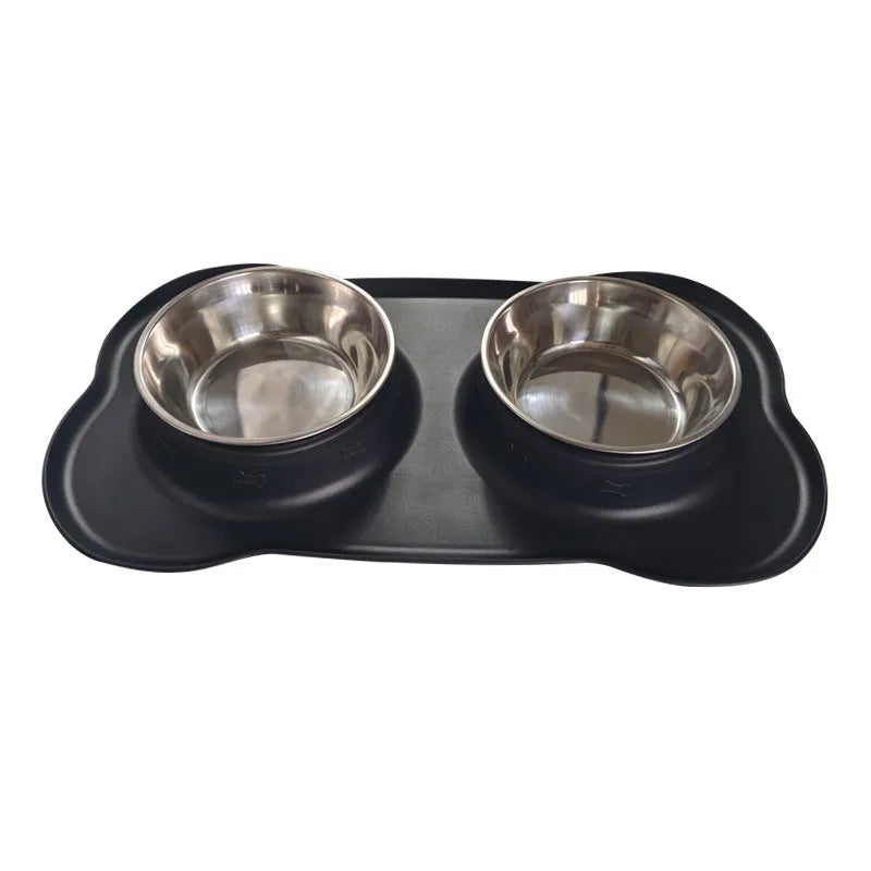 Large double dog bowl with stainless steel inserts in a grey silicone tray for two dogs.
