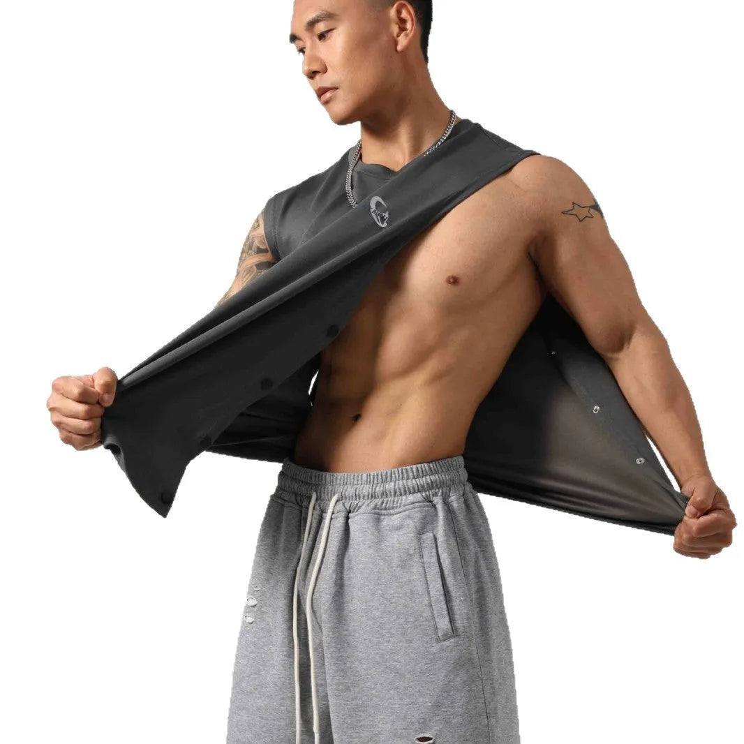 Korean style men's loose cotton fitness vest with hidden hook side openings in black, blue, grey, or white.