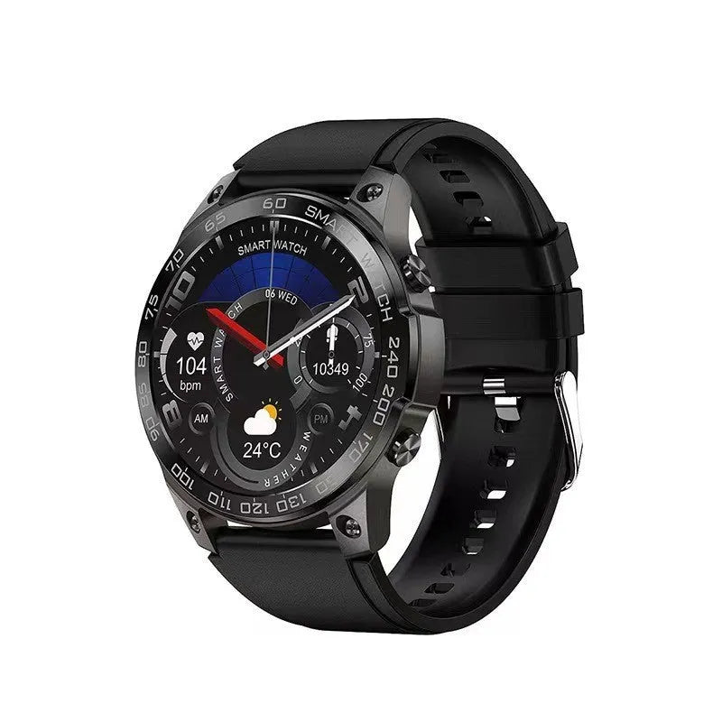 Black Bluetooth smartwatch with round AMOLED screen on a silicone strap, showing fitness stats.