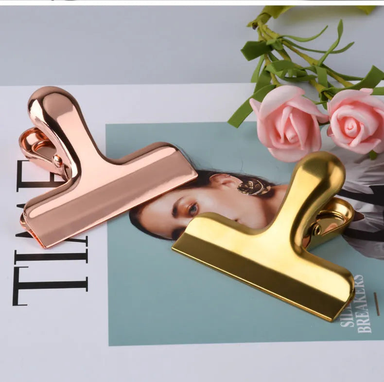 Gold stainless steel dovetail clip on office documents, 7.6x6cm size, vacuum-plated finish