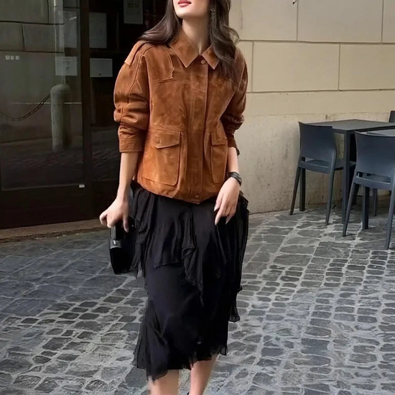 Women's brown polyester suede coat with regular sleeves on hanger