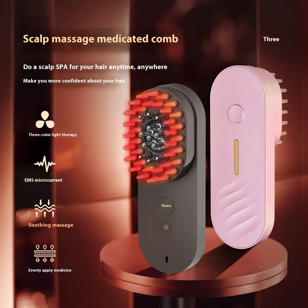 Smart massage comb with red light therapy and fluffy bristles, black and pink options under 10cm size