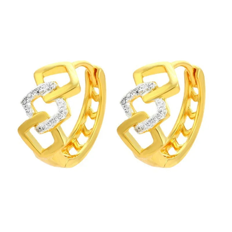 Gold geometric hollow out earrings with electroplated finish at ear clip area