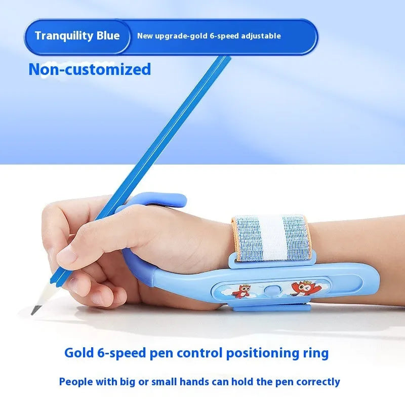 Blue anti-hook wrist brace and pen control corrector for children's writing posture on a table.