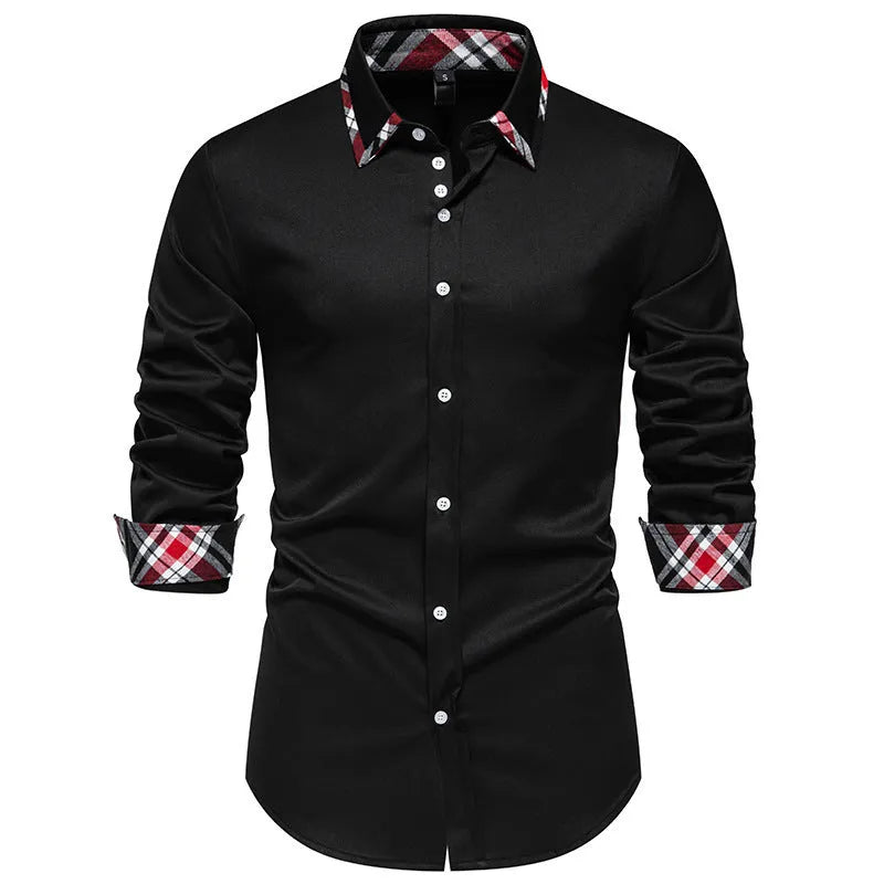 Men's plaid pattern casual shirt with triangle collar and long sleeves in polyester fibre blend fabric