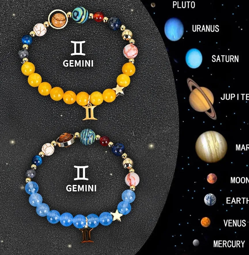 Twelve zodiac sign natural stone beaded bracelet set showing adjustable design and astrological symbols