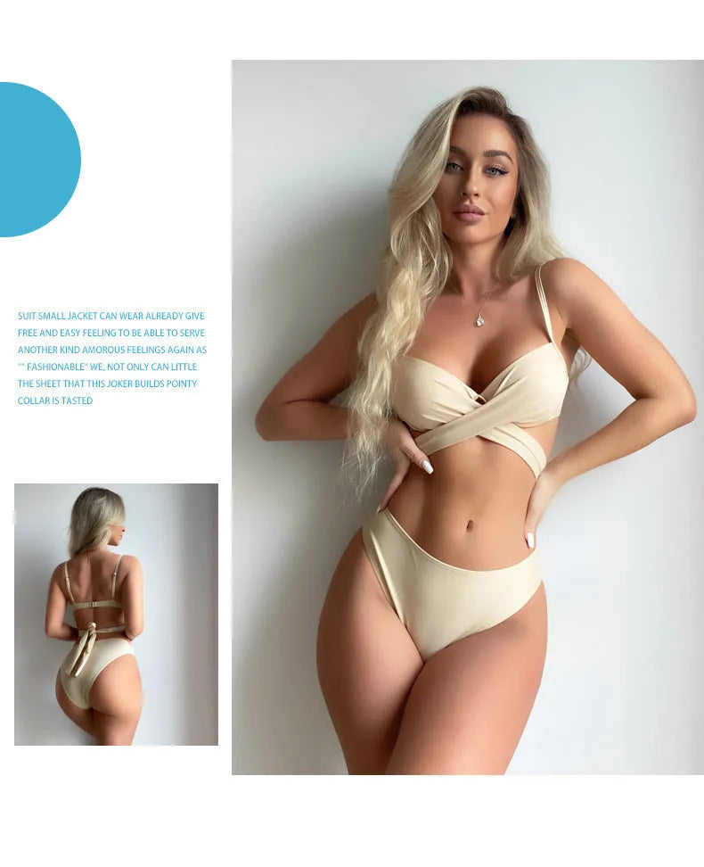Three-piece backless push-up bikini set in solid colour with top, panties, and skirt.