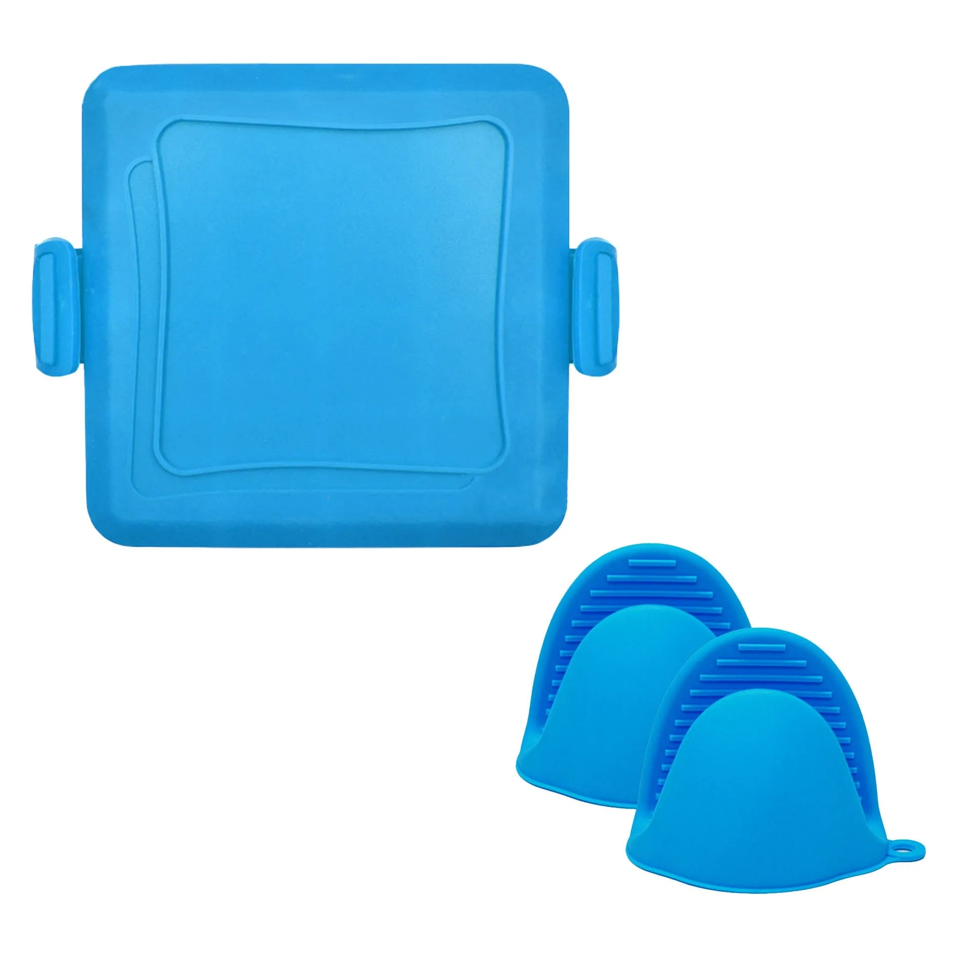 Red silicone baking tray with integrated handle and a pair of matching silicone oven gloves on a kitchen counter.