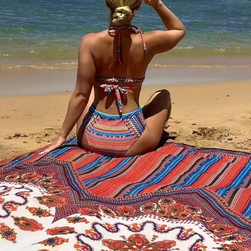 Women's three-piece split swimsuit set with high-waist briefs, cutout blouse, and coat in pictured colour.