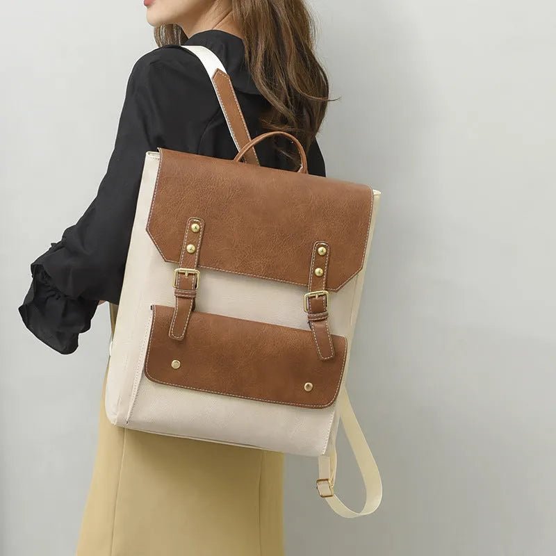 Korean style retro simple backpack in soft PU material showing ventilation features and available colour options