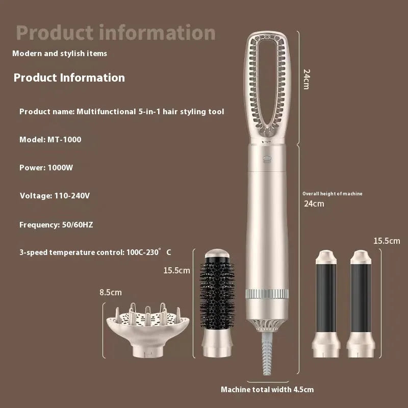 Champagne gold five-in-one hot air comb hair curler styling tool with multiple attachments