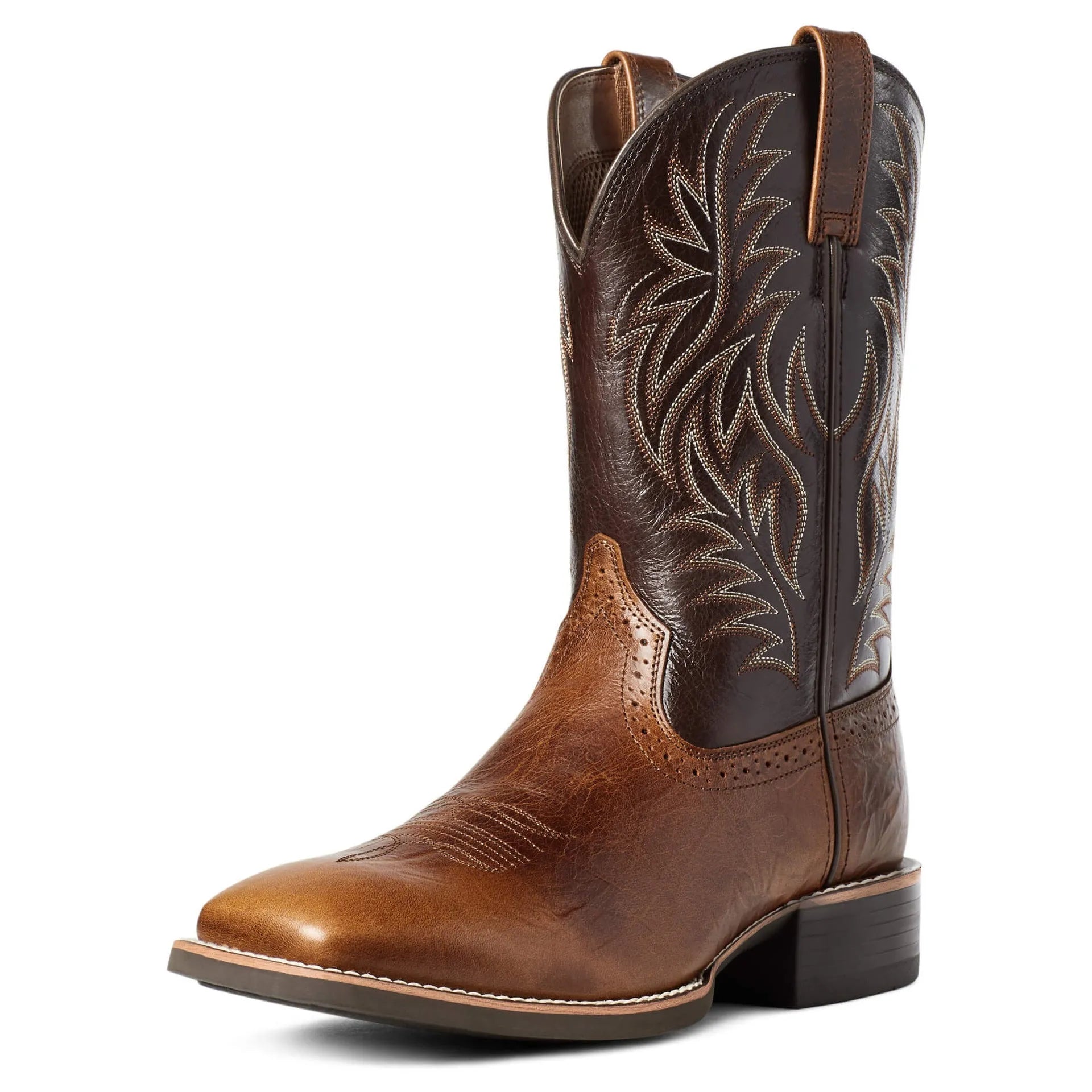 Men's black embroidered cowboy boots with square toe and horseshoe heel on a plain background.