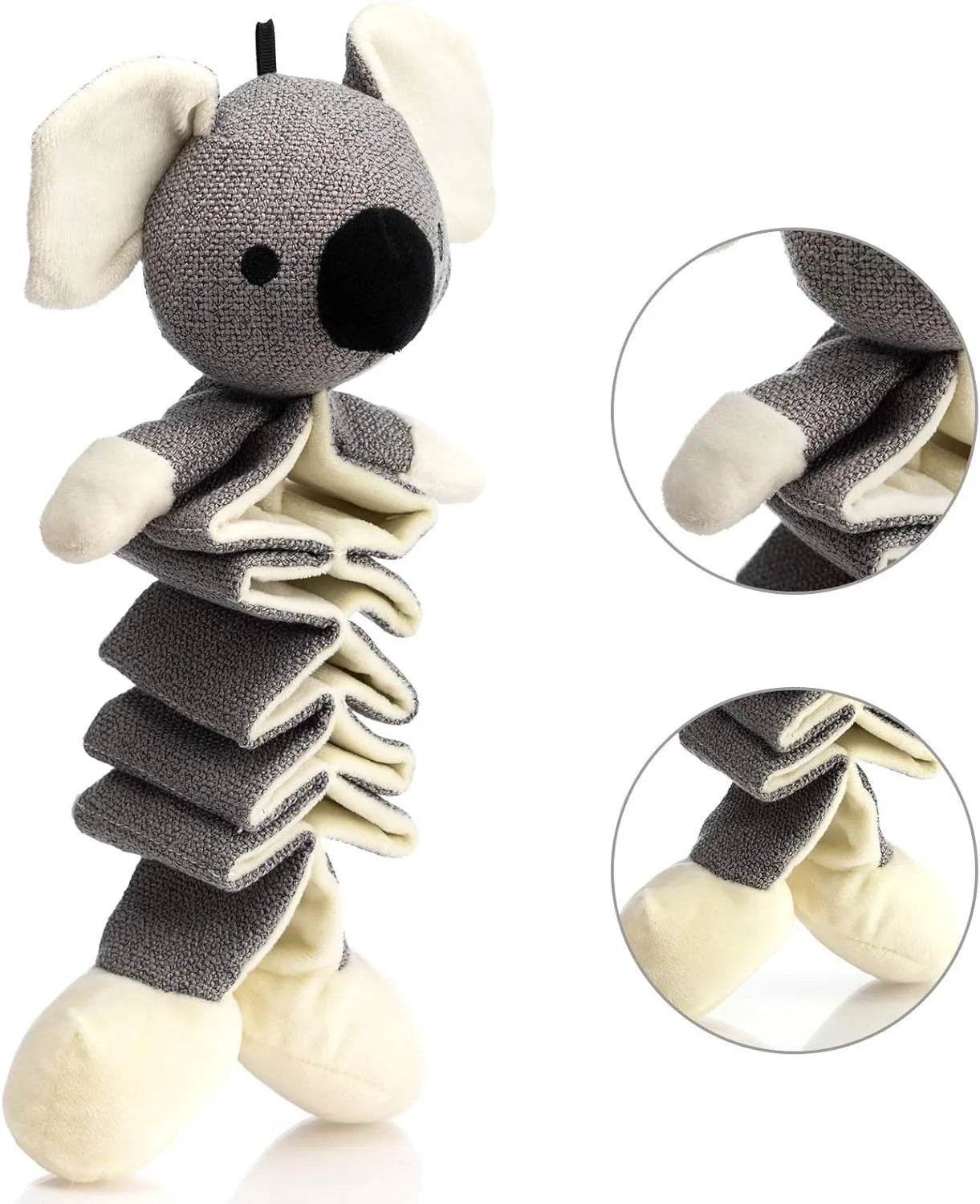 Grey koala plush dog toy measuring 30cm long with crinkle paper inside for squeaky sounds.