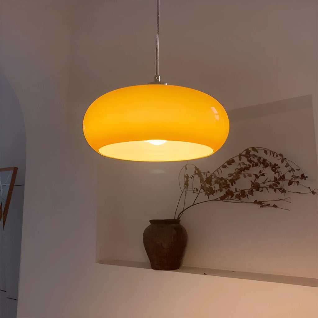 Bauhaus three-headed glass egg tart pendant light in retro style, shown in milk white.