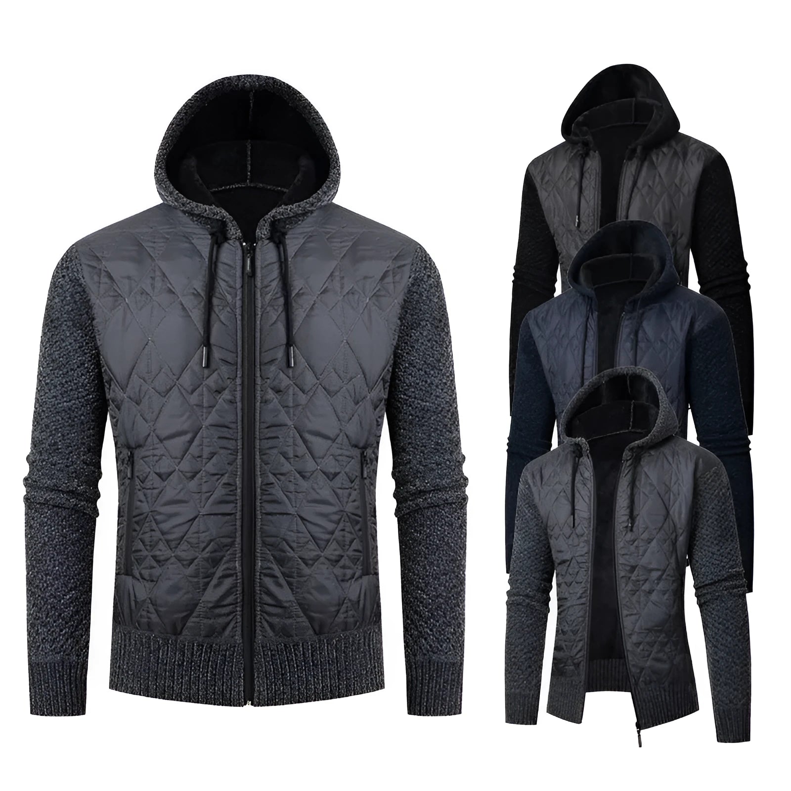 Men's grey hooded corduroy sweater coat with cinched style and wool construction