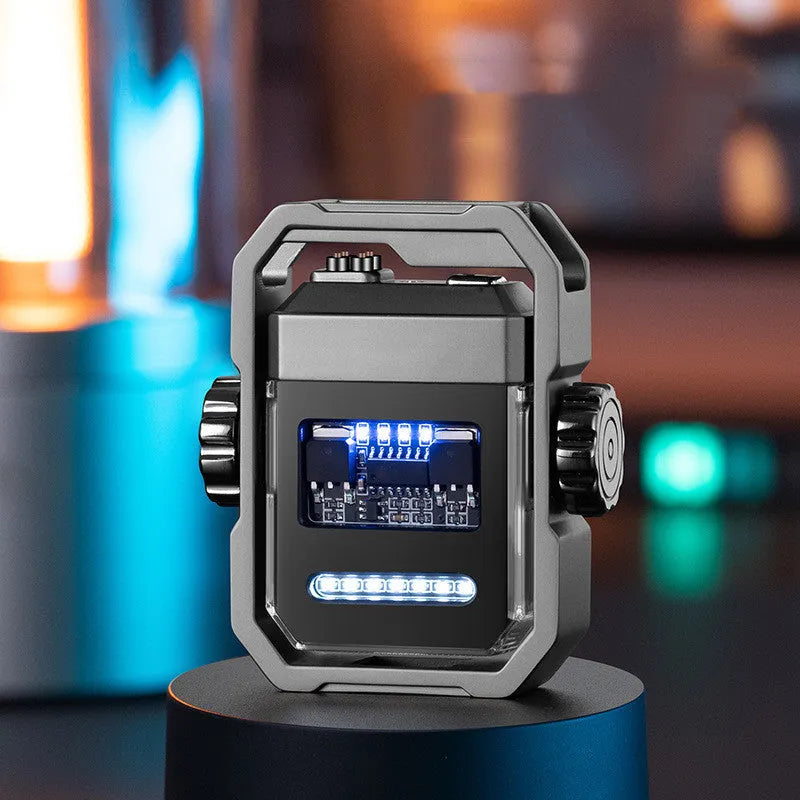Blue Pulse Lighter showing windproof double arc, mechanical gyroscope, and Type-C charging port on a zinc alloy body.