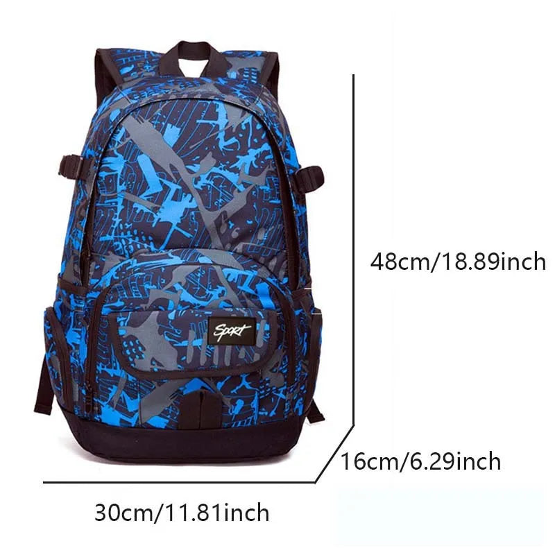 Blue and red classic nylon backpack with large capacity for school, travel, and outdoor use.