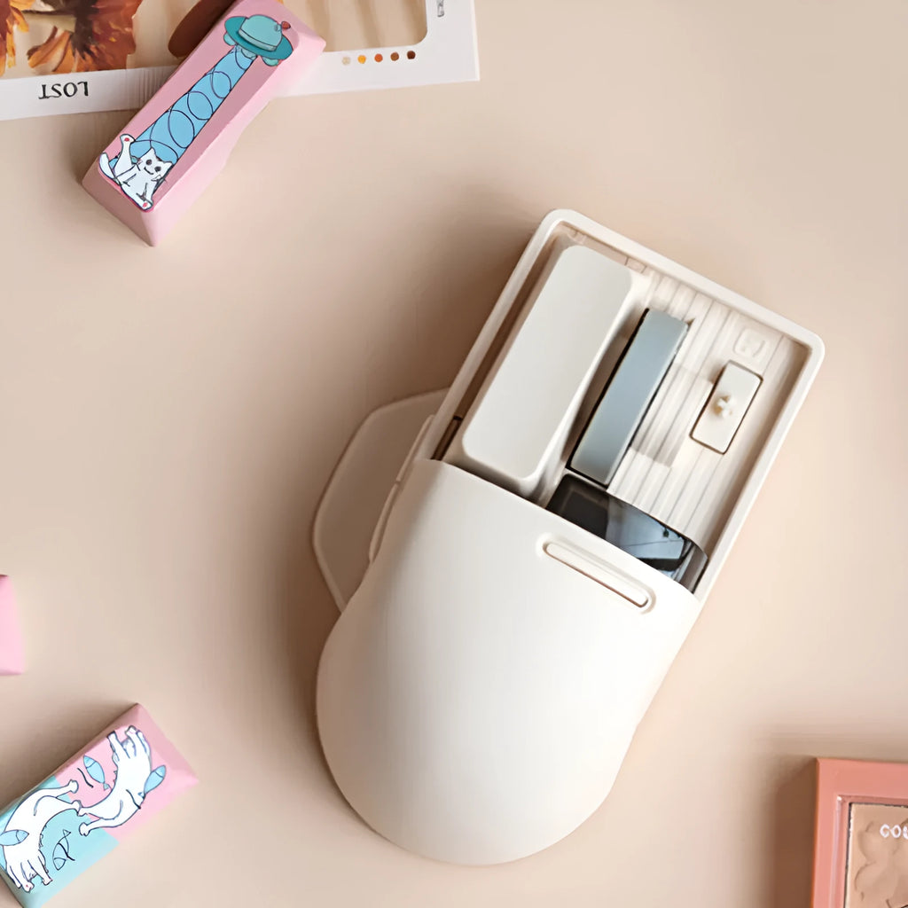 Xiaoqiao tofu colour wireless mouse with ergonomic design showing DPI adjustment button and scroll wheel