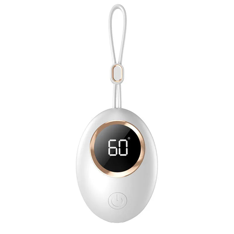 USB-powered hand warmer and power bank unit with a digital display in various colours.