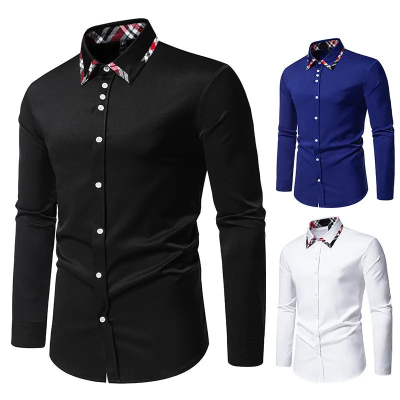 Men's plaid pattern casual shirt with triangle collar and long sleeves in polyester fibre blend fabric