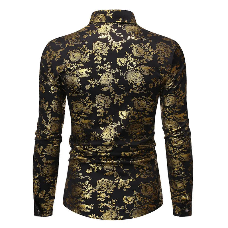 Men's metal bronzing printed lapel shirt in polyester fabric with cardigan style and long sleeves