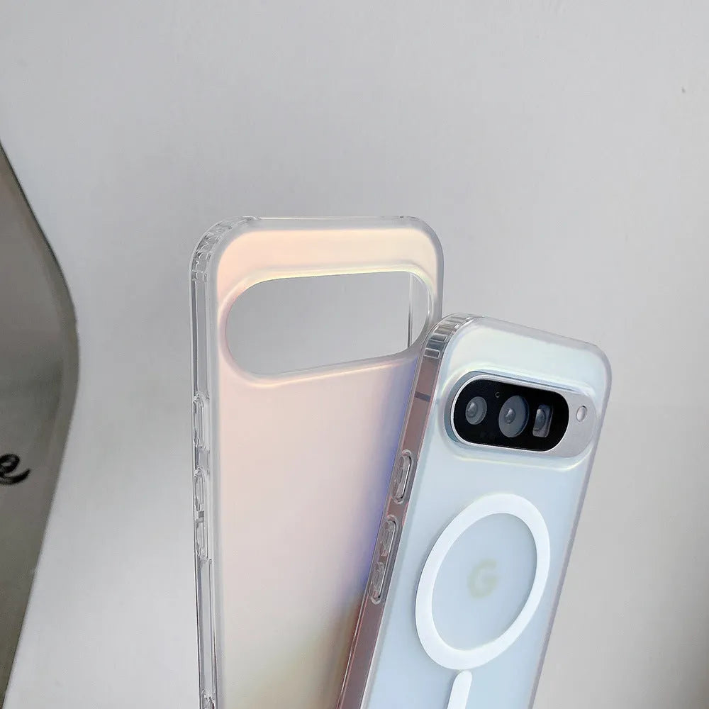 Transparent laser frosted matte phone case for Google models with magnetic feature.