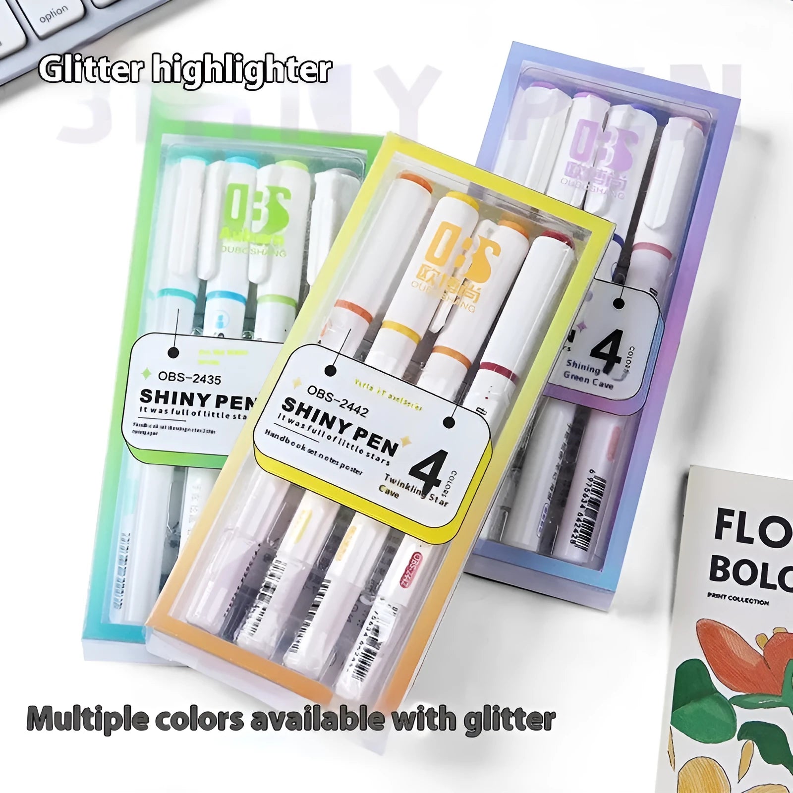 Sparkling Star River set of four glitter highlighter pens in assorted pastel colours with slanted tips.