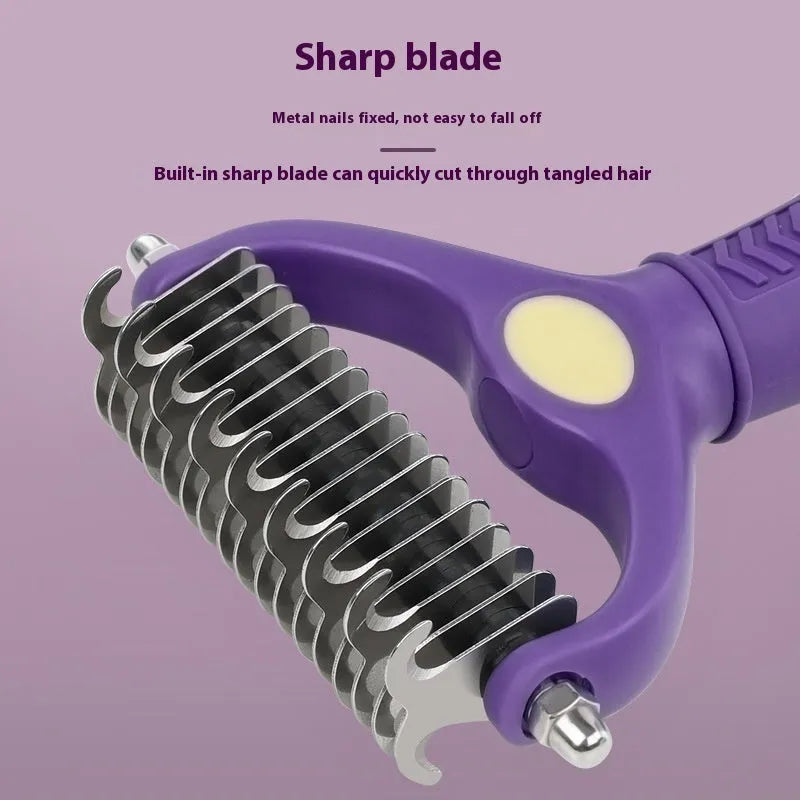 Purple plastic double-sided pet comb for removing knots from dog and cat fur