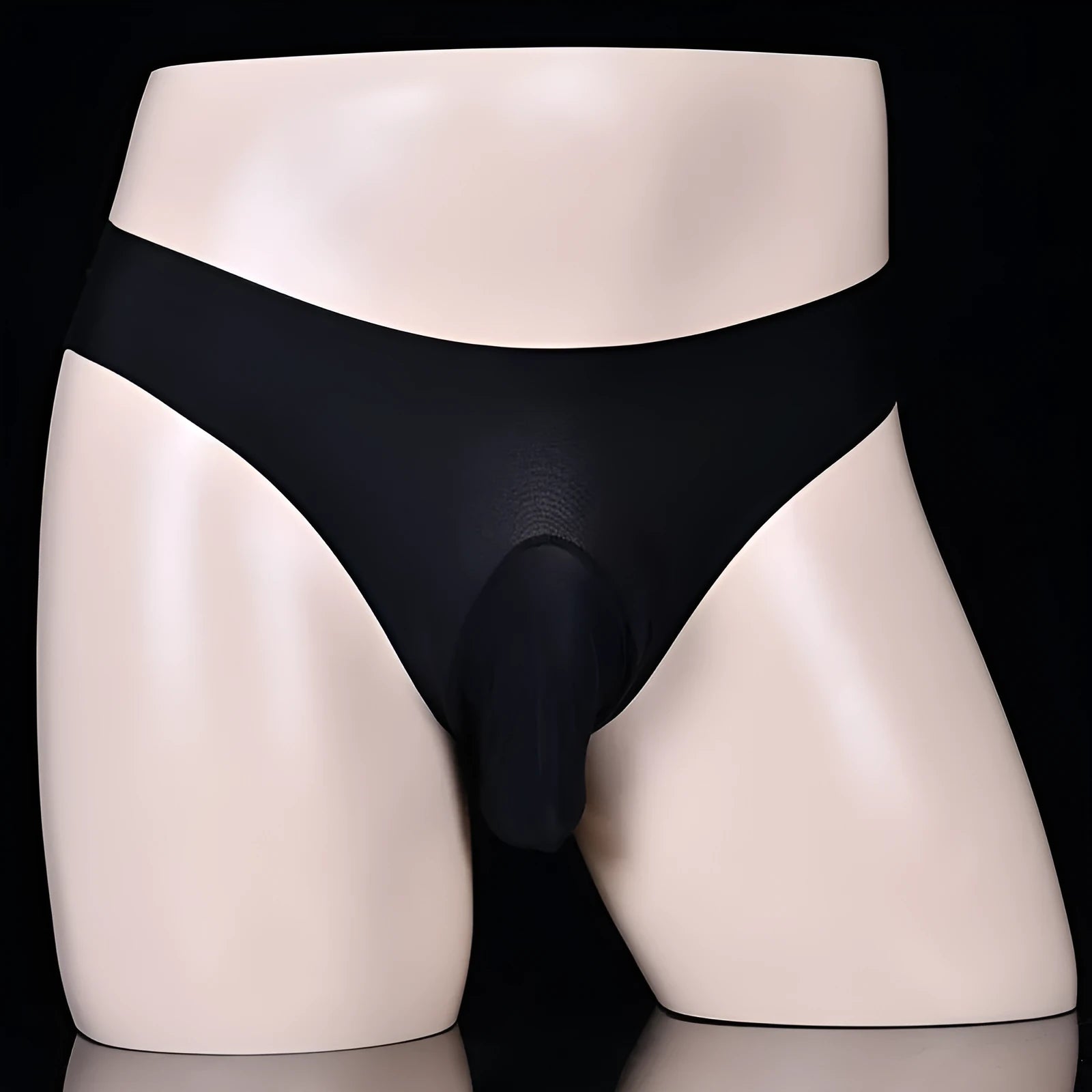 Men's ice silk briefs in black showing open gun style with low-waist design