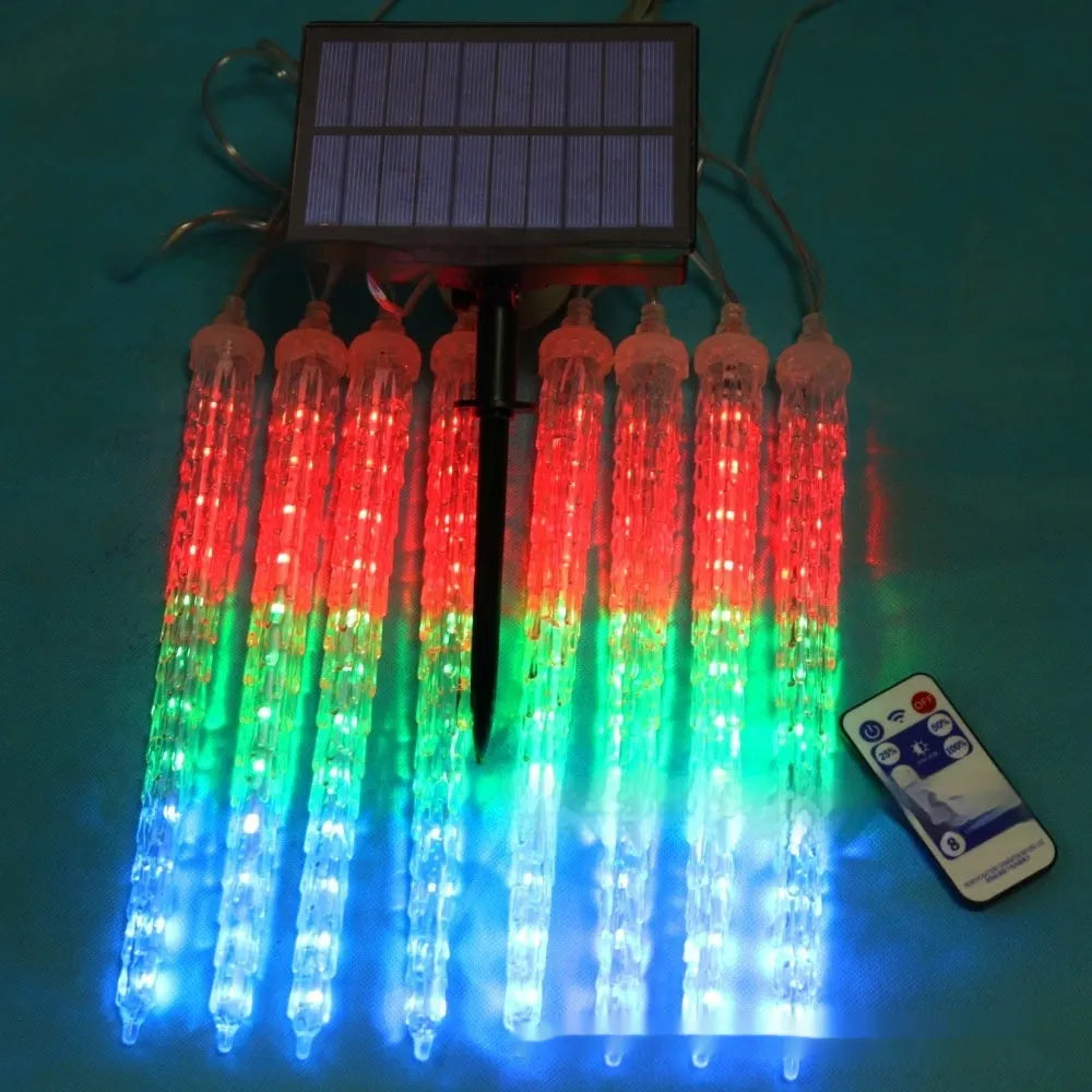 Solar-powered LED ice cone shaped meteor shower garden festoon lamp with remote control.