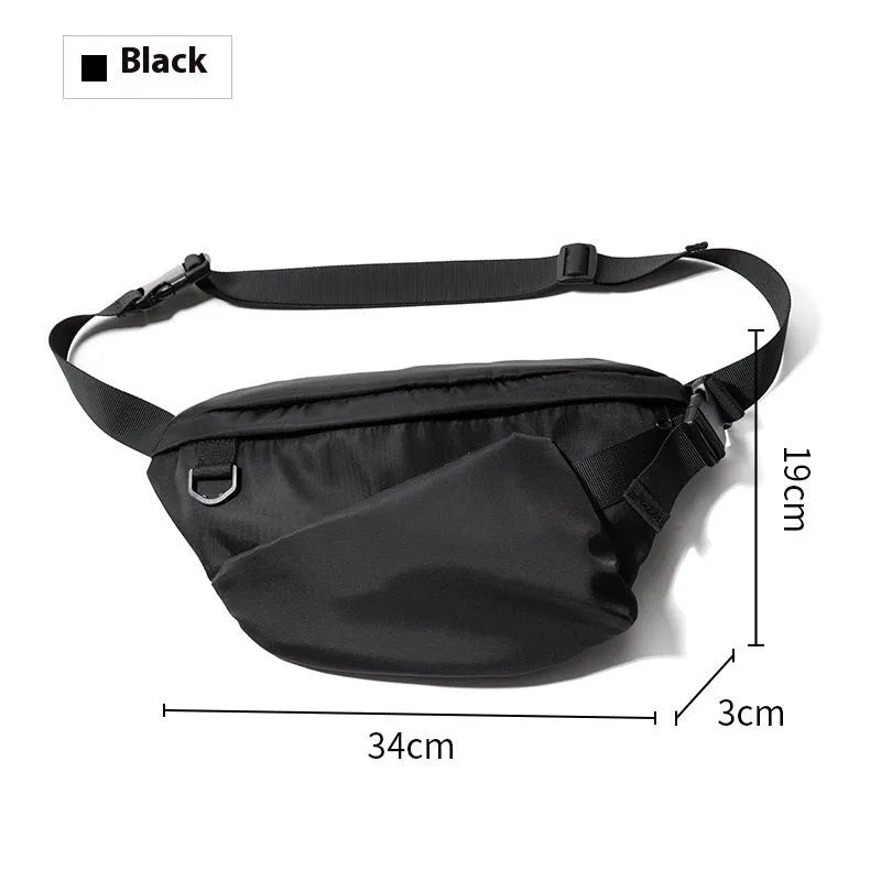 Black slanted chest bag with Oxford fabric construction and visible sewing lines