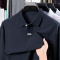 Men's loose fit cotton polo shirt with asymmetric lapels and long sleeves in multiple colours