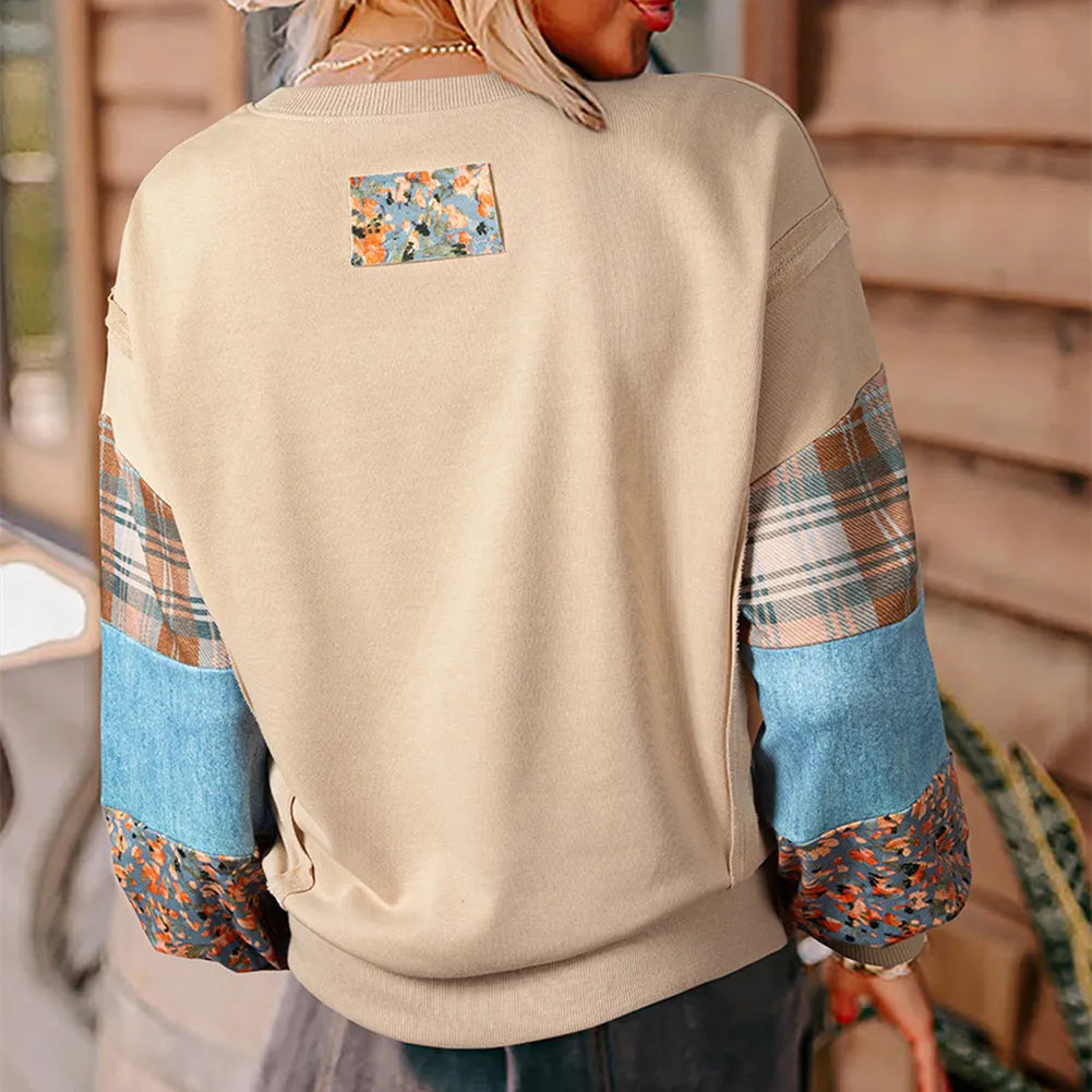 Women's plaid stitching long-sleeved loose top in apricot colour