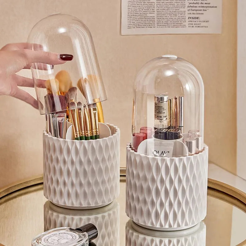 White acrylic makeup brush storage box with transparent design and rotating base