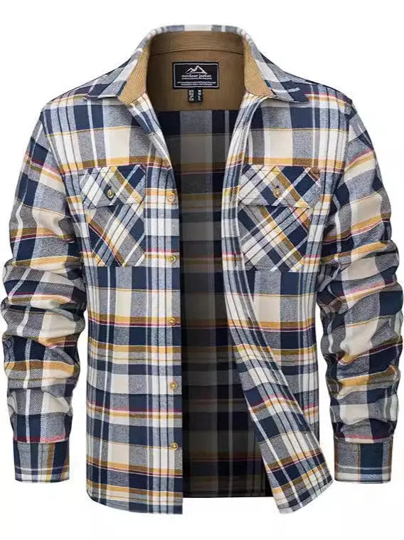 Men's plaid flannel casual button shirt in orange colour on a hanger.
