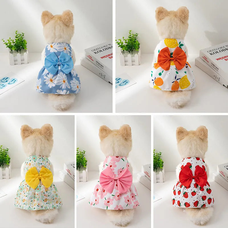 Summer pet dress with floral butterfly knot design in multiple bow colours for dogs and cats