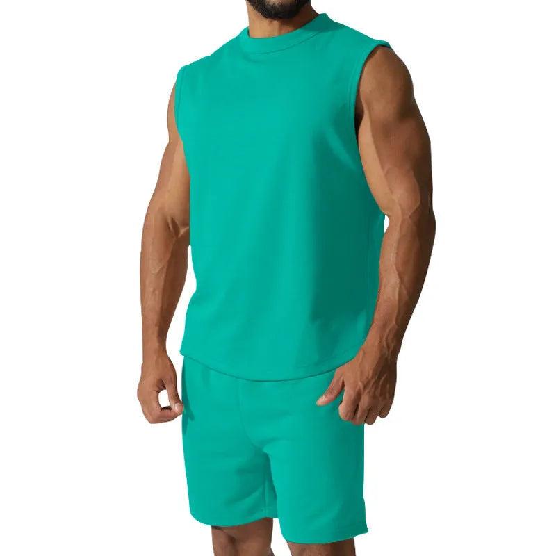Men's sleeveless sports suit set in cotton blend with matching shorts in solid colour options