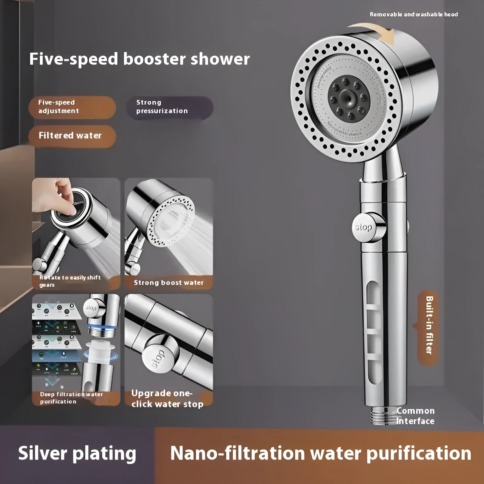 Silver portable shower head with multiple spray functions including pressurized and filtering.