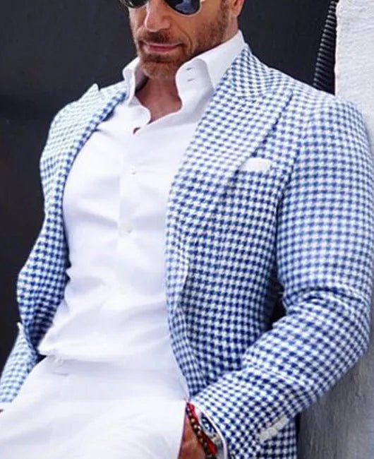 Men's British style slim fit suit jacket with two-button front and top-stitching pockets