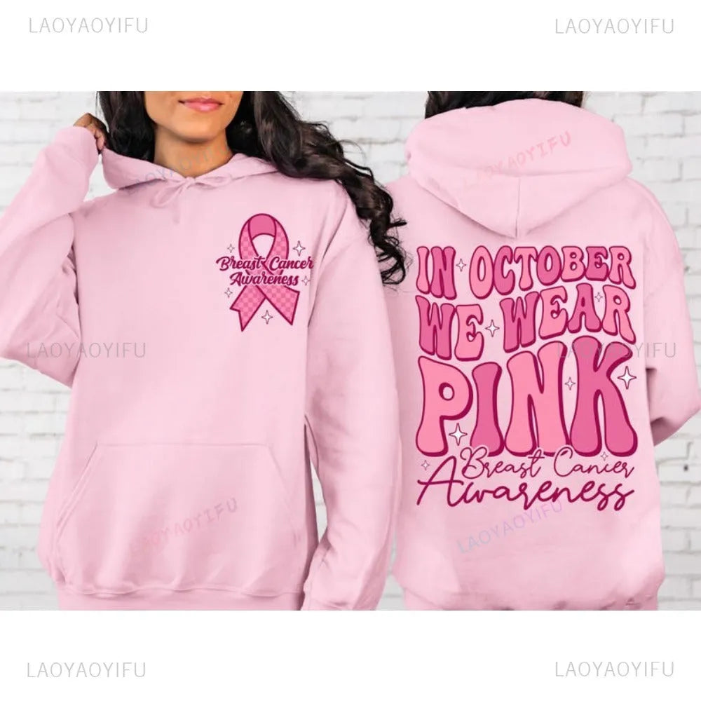 Breast cancer awareness pullover hoodie with retro hot stamping art design and a side seam pocket.