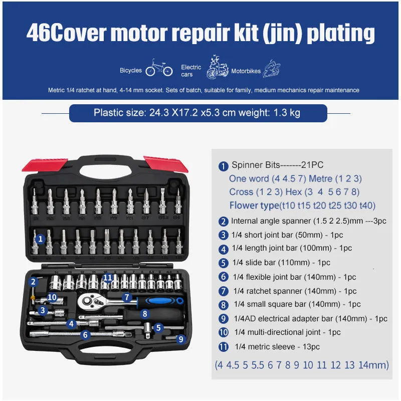 46-piece nickel-plated socket ratchet wrench set with Cr-v chromium vanadium steel construction