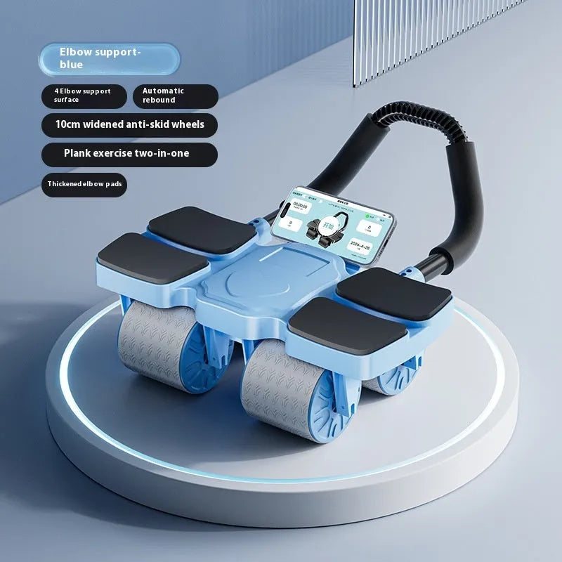 Four-wheel abdominal roller with automatic rebound mechanism in black, blue, or orange.