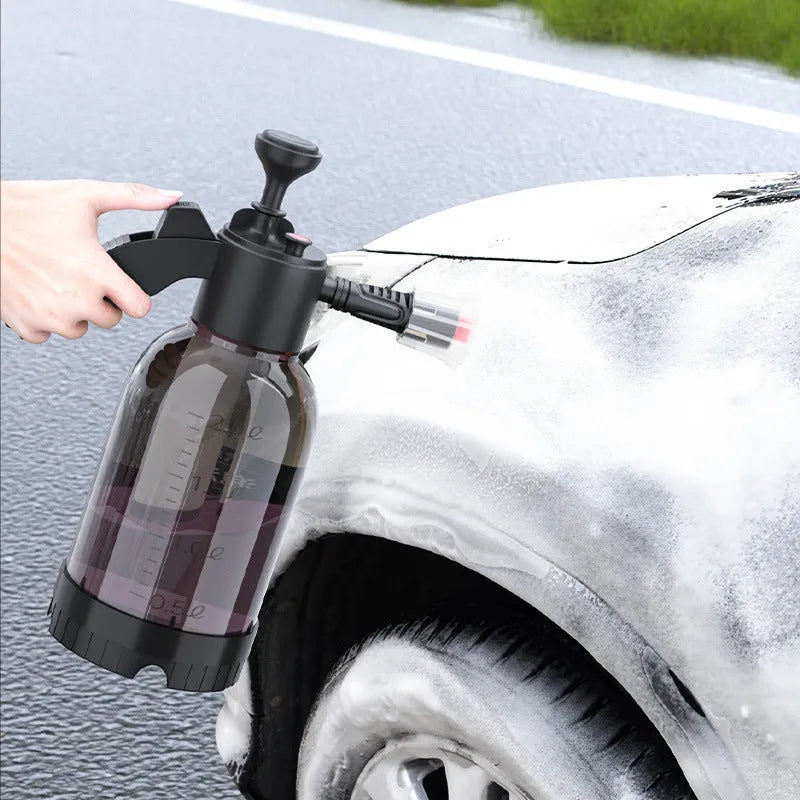 Black hand-held foam sprayer with 2 litre capacity for garden watering and car washing