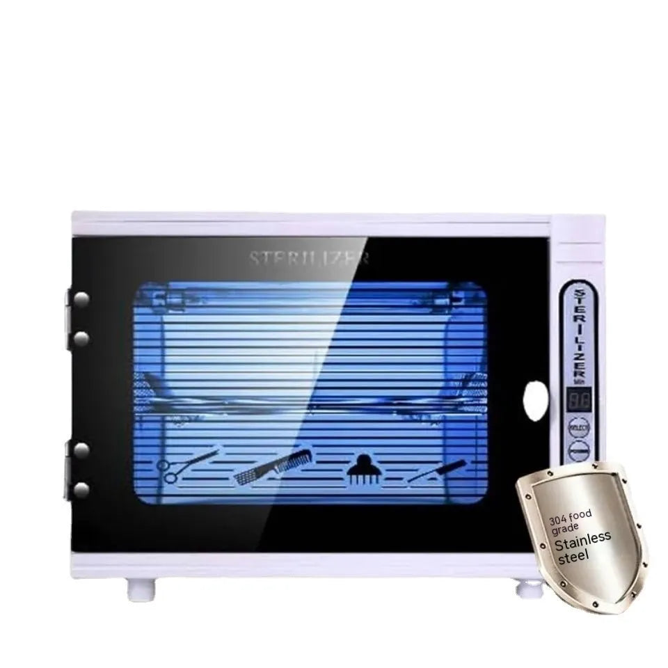 Silver mini ultraviolet steriliser unit with stainless steel interior for beauty salon tool hygiene