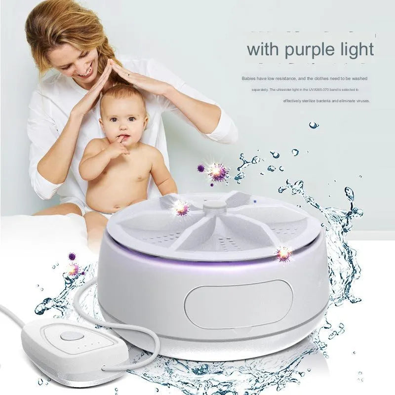 White ABS plastic portable turbo washing machine with remote control, USB power, and colour box packaging