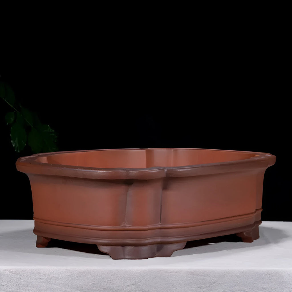 Chinese antique purple clay flower pot with jade belt crabapple design measuring 71cm in length