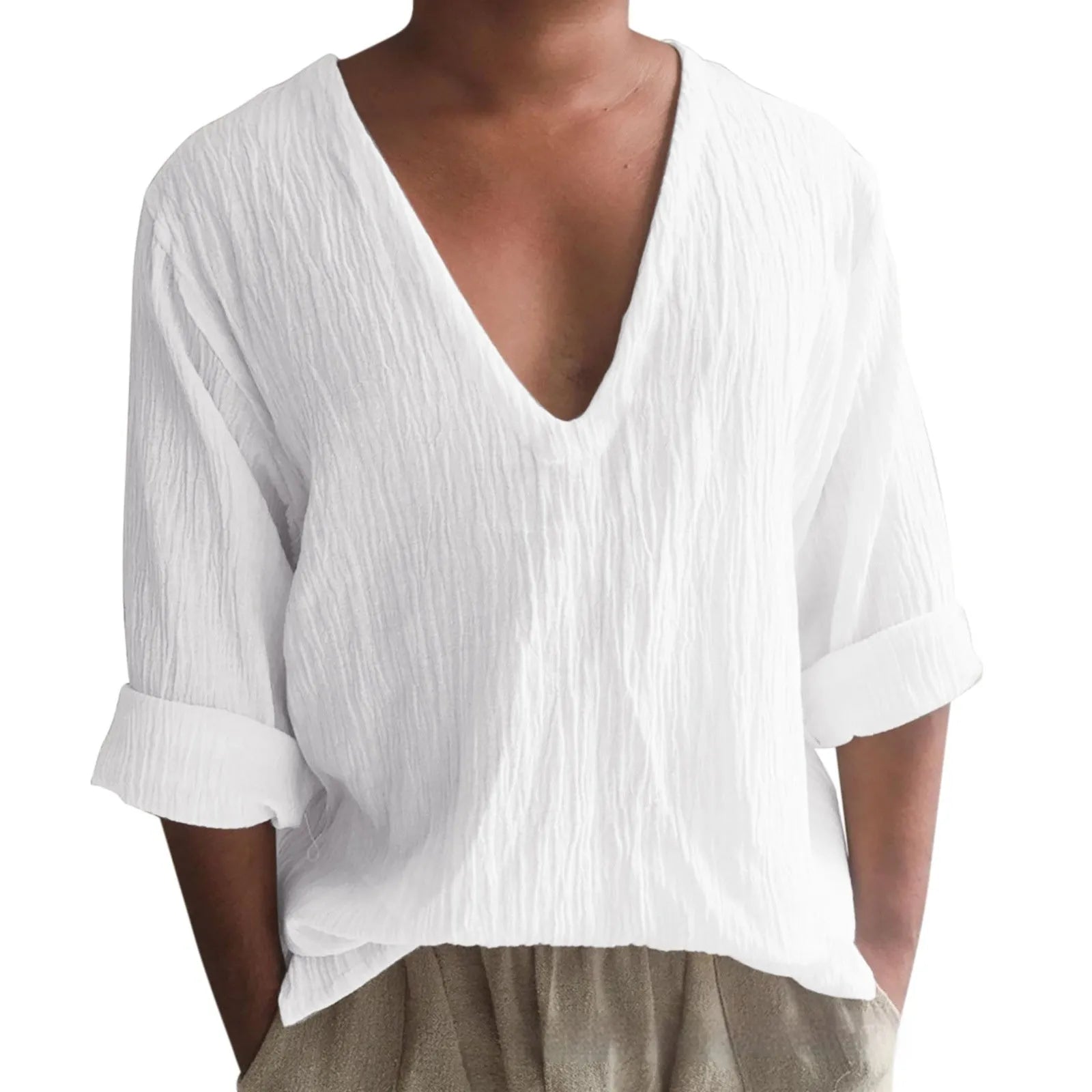 Men's solid colour V-neck long sleeve t-shirt in washed cotton fabric on a hanger