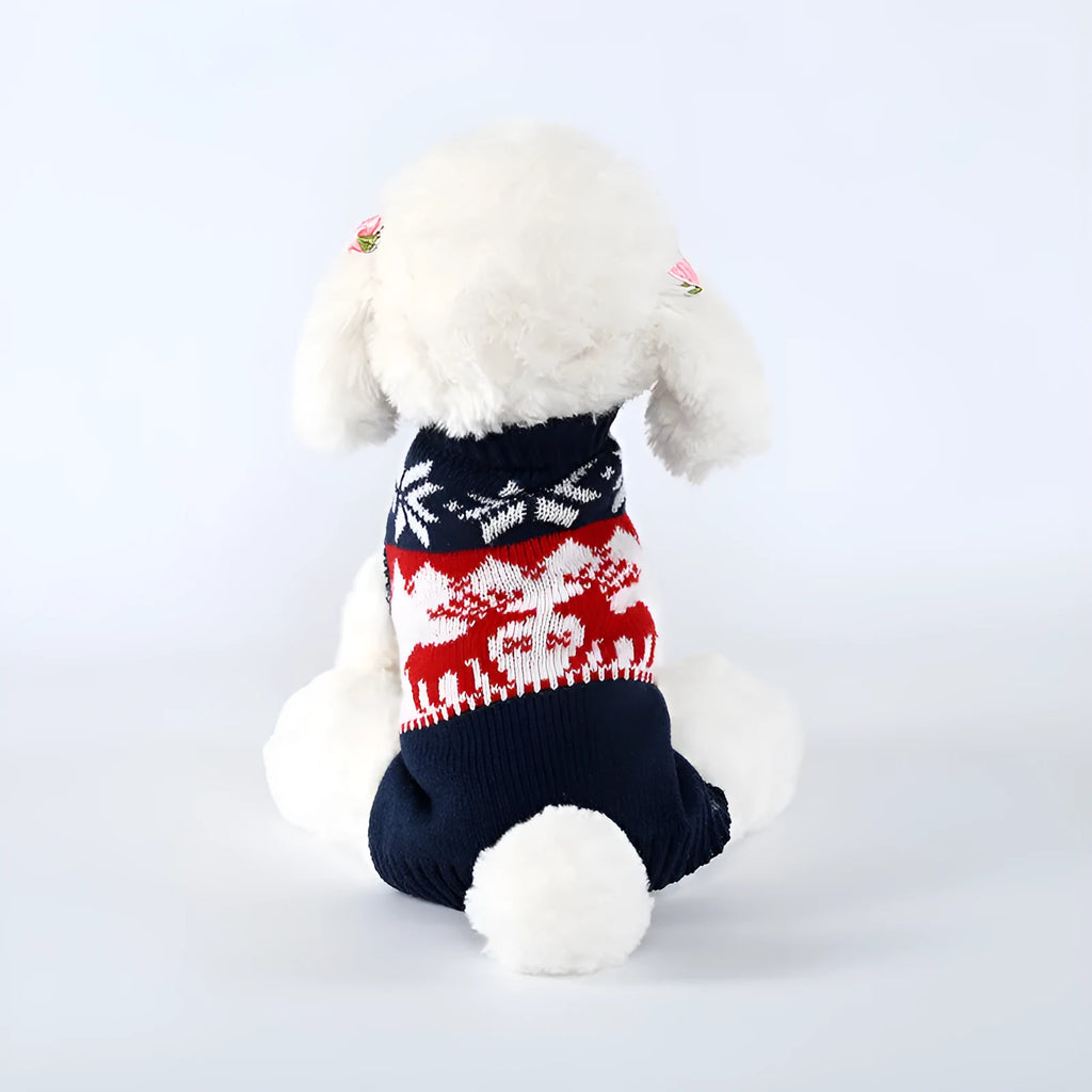 Navy blue knitted Christmas sweater for a dog, shown in a European American style.