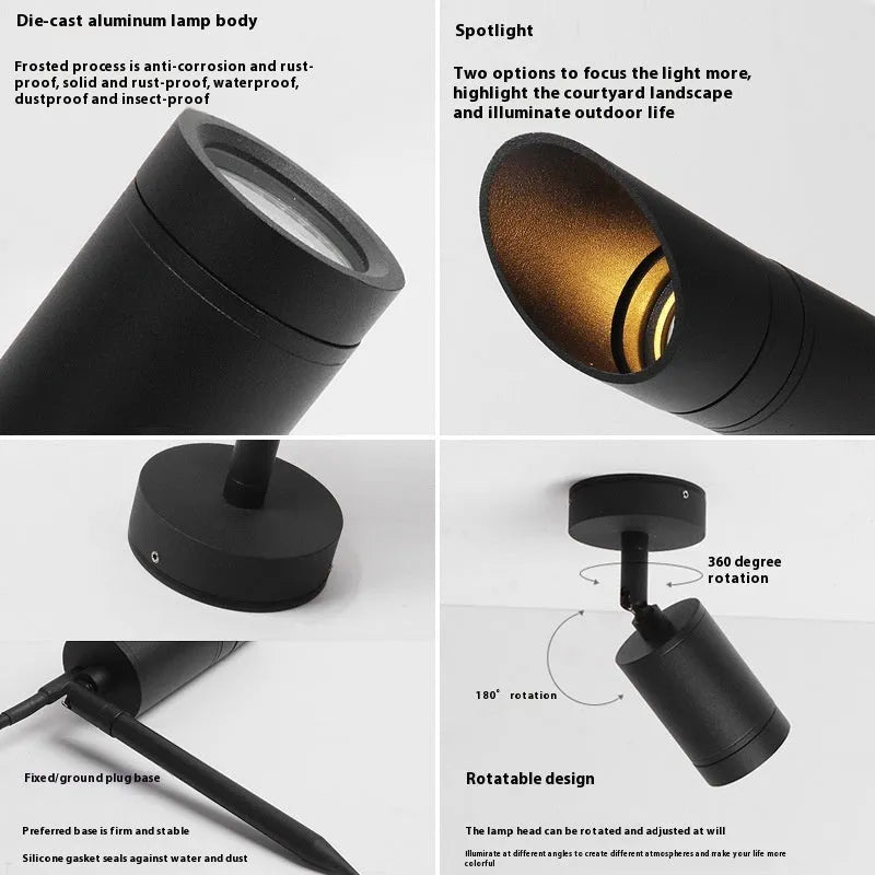 Aluminium outdoor ground lamp with spike base and plug-in cable for garden lighting